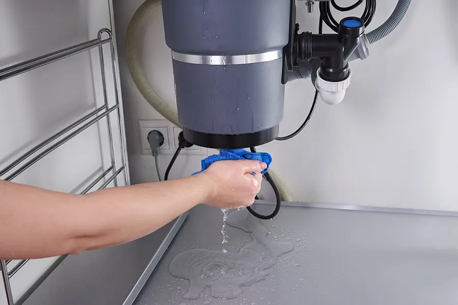 Person wiping water from a leaking garbage disposal under a sink