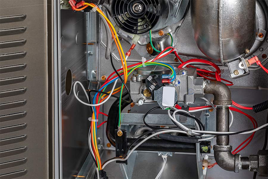 A modern gas furnace, showing wiring, a gas valve, and various components.