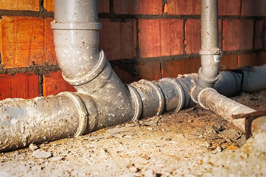 Old drainage pipes along a brick basement wall