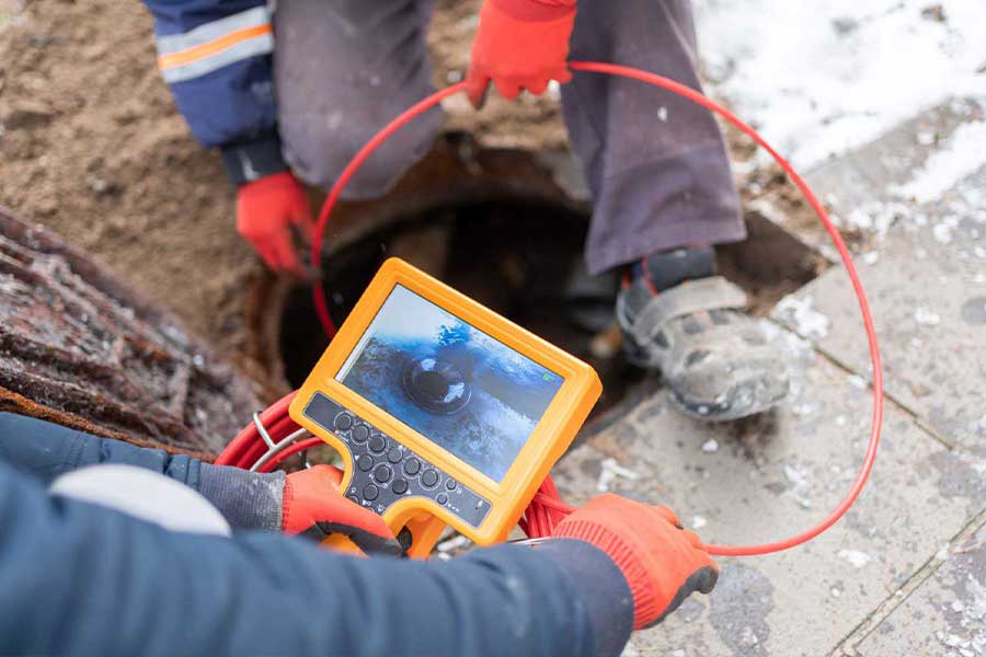 Plumbers performing sewer line camera inspection